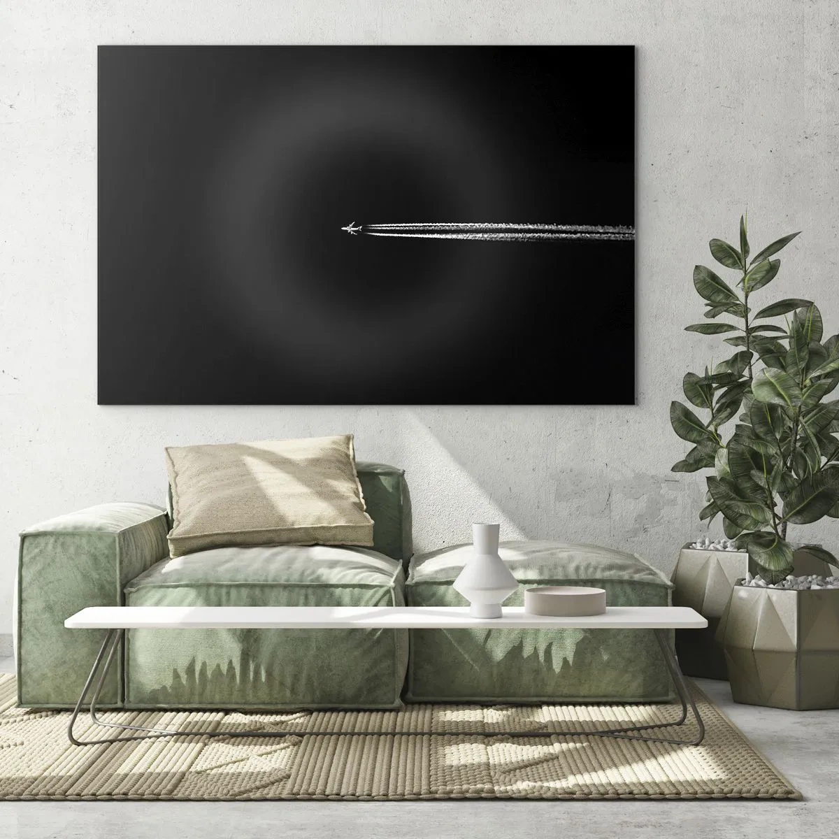 Glastavla - Bild på glas - Ett jetplan på svart bakgrund med en kondensstrimma - 70x50cm - I en annan dimension - Modern väggdekoration för vardagsrum och sovrum ARTTOR