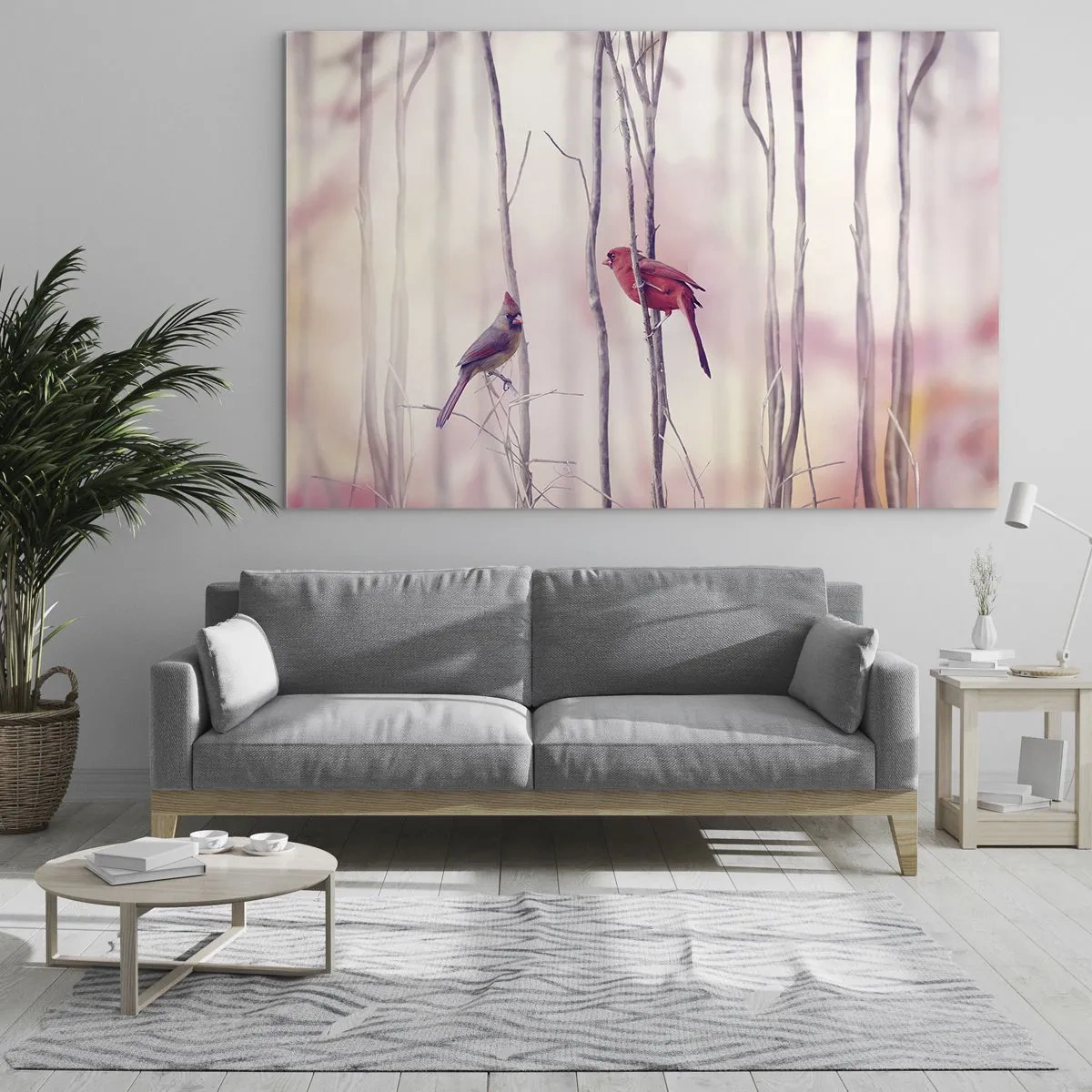 Glastavla - Bild på glas - Två fåglar bland fina kvistar i pastellfärger - 70x50cm - Rosa skogens saga - Modern väggdekoration för vardagsrum och sovrum ARTTOR
