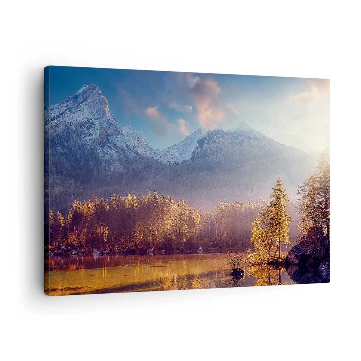 Canvastavla - Bild på duk - Pittoresk utsikt över bergskogen och sjön i gryningen - 70x50cm - I berg och dalar - Modern väggdekoration för vardagsrum och sovrum ARTTOR