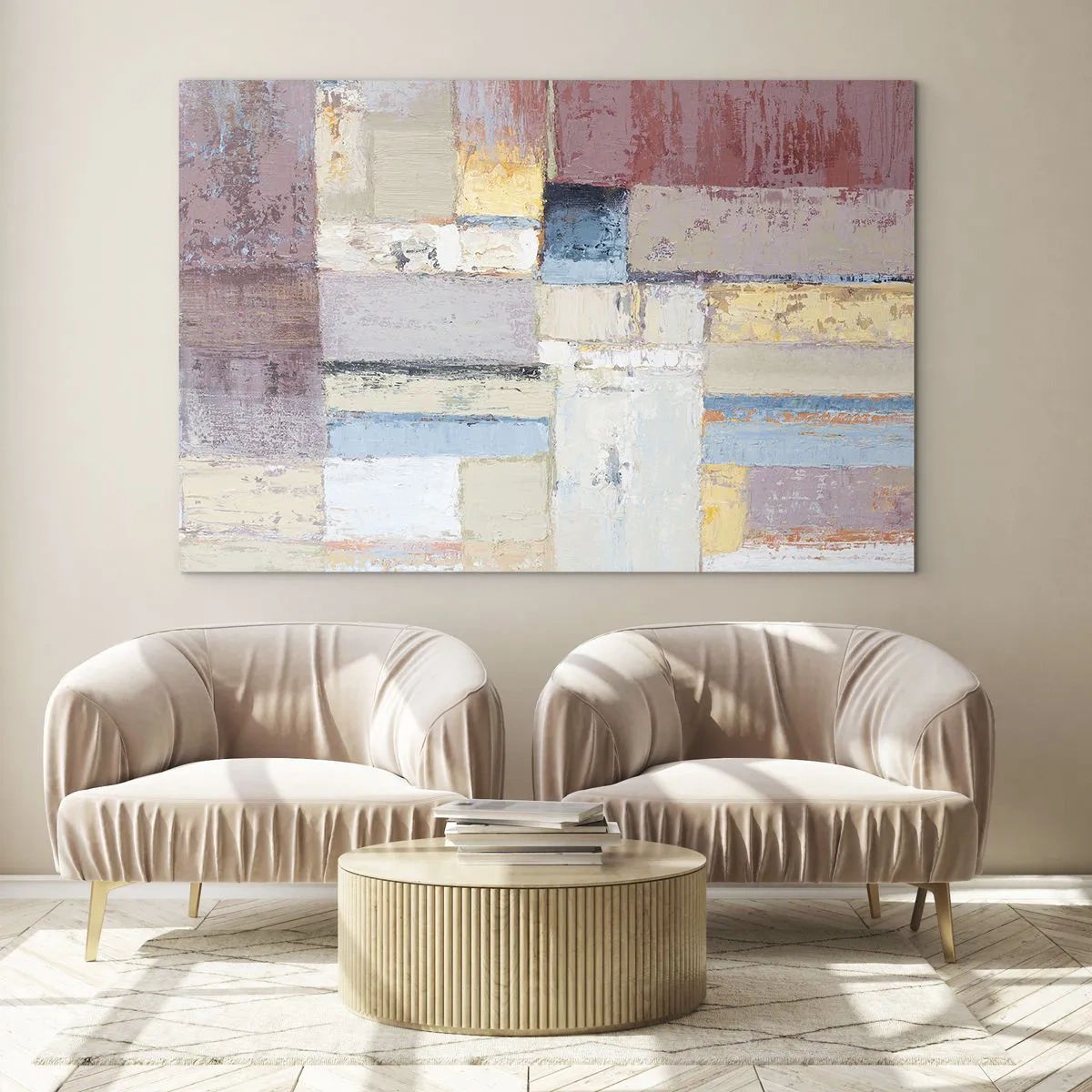 Glastavla - Bild på glas - Abstrakt geometrisk komposition i pastellfärger - 70x50cm - Geometrins lugn - Modern väggdekoration för vardagsrum och sovrum ARTTOR