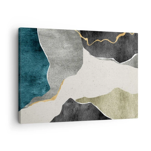 Canvastavla - Bild på duk - Geometriska former i nyanser av grått, grönt och guld - 70x50cm - Mosaikkomposition med en guldtråd - Modern väggdekoration för vardagsrum och sovrum ARTTOR