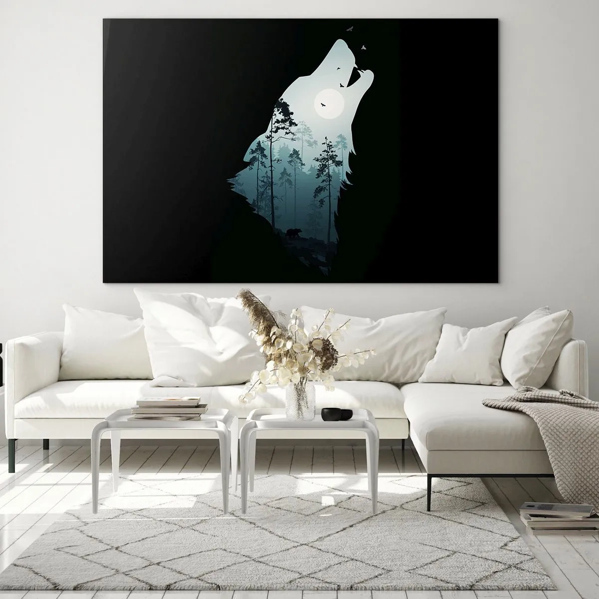 Glastavla - Bild på glas - Silhuett av en varg med en skog och måne i bakgrunden på en svart bakgrund - 70x50cm - Skogsnattens röst - Modern väggdekoration för vardagsrum och sovrum ARTTOR