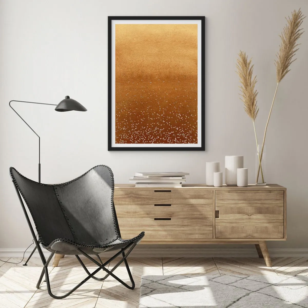 Affisch i svart ram - Gyllene toning med små glittrande element - 50x70cm - Ljusets födsel - Modern väggdekoration för vardagsrum och sovrum ARTTOR