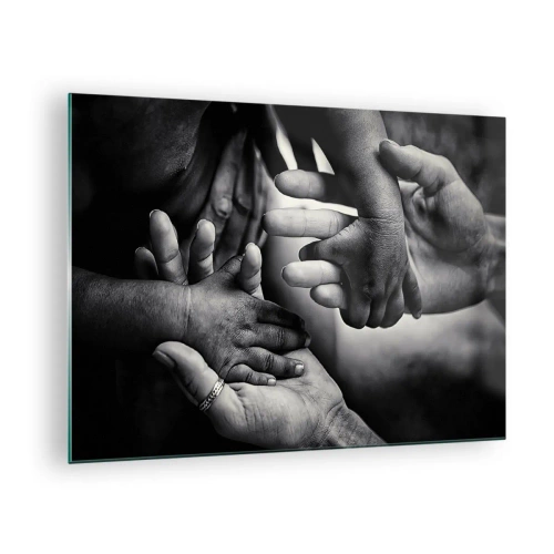 Glastavla - Bild på glas - Symboliskt svartvitt handslag av olika generationer - 70x50cm - Att vara människa - Modern väggdekoration för vardagsrum och sovrum ARTTOR