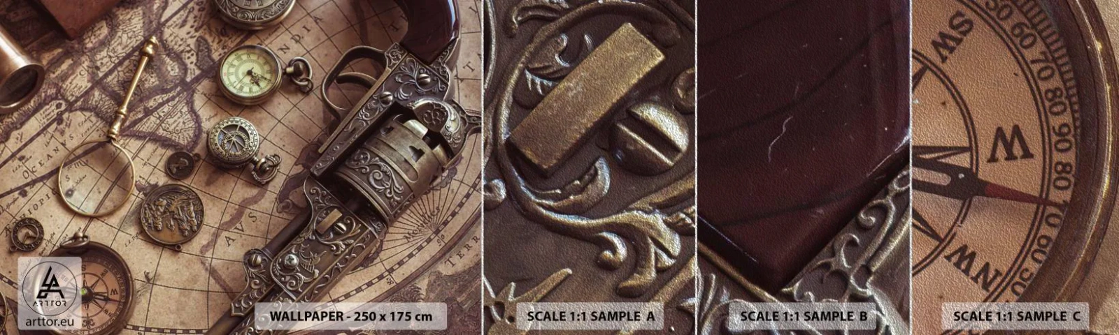 Provbit av fototapet Premium Sand - Äventyret kallar - Världskarta, Kompass, Revolver - 100x30 cm