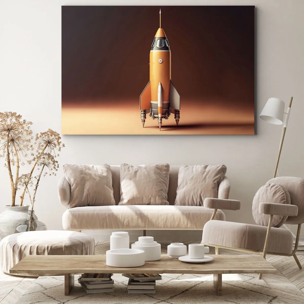 Canvastavla - Bild på duk - En raket i retrostil mot en bakgrund av bruna toner - 70x50cm - Det börjar med en dröm - Modern väggdekoration för vardagsrum och sovrum ARTTOR
