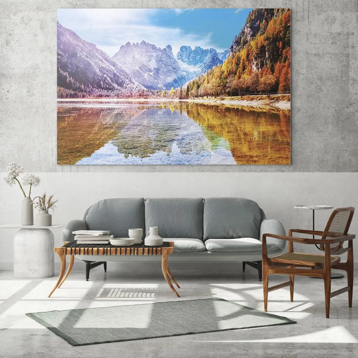 Glastavla - Bild på glas - Höstberg reflekterade i sjön, omgivna av färgglada träd - 70x50cm - Det är redan höst i fjällen - Modern väggdekoration för vardagsrum och sovrum ARTTOR