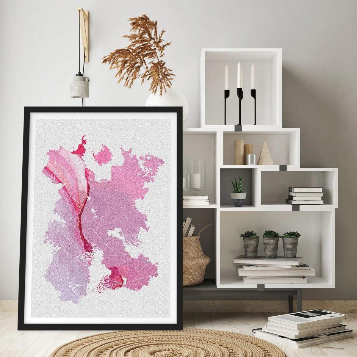 Affisch i svart ram - Abstrakt karta i nyanser av rosa och lila - 50x70cm - Karta över en rosa värld - Modern väggdekoration för vardagsrum och sovrum ARTTOR