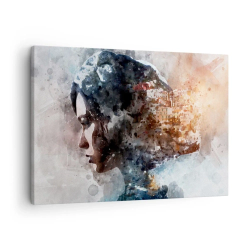 Canvastavla - Bild på duk - Porträtt av en kvinna som kombinerar sitt ansikte med ett urbant landskap i bakgrunden - 70x50cm - Berättelse om en tjej med en stad i bakgrunden - Modern väggdekoration för vardagsrum och sovrum ARTTOR