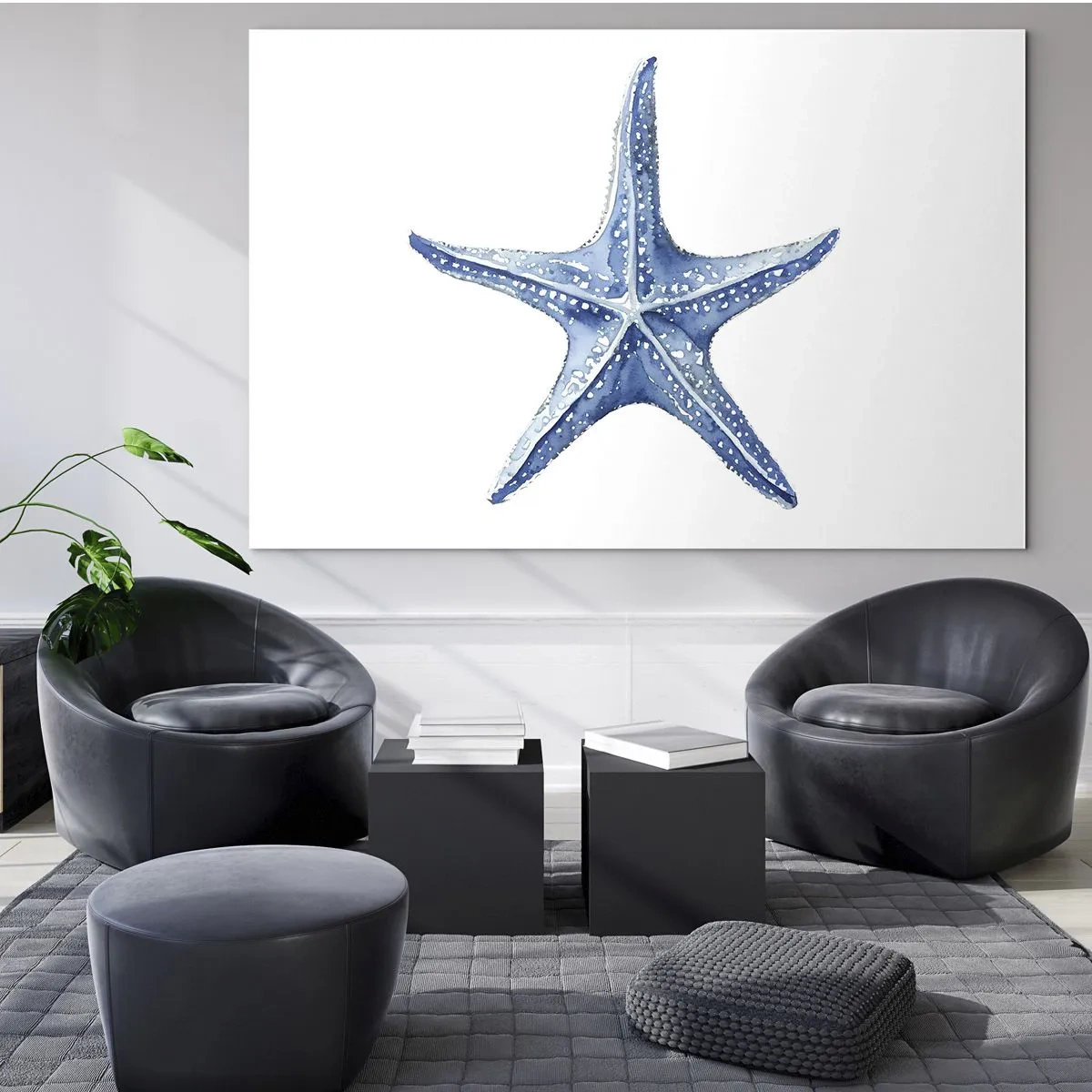 Glastavla - Bild på glas - Blå sjöstjärna på vit bakgrund i akvarellstil - 70x50cm - Havets stjärna - Modern väggdekoration för vardagsrum och sovrum ARTTOR