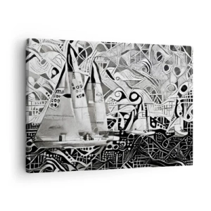 Canvastavla - Bild på duk - Abstrakta segelbåtar i en monokromatisk komposition - 70x50cm - Mellan vågorna - Modern väggdekoration för vardagsrum och sovrum ARTTOR