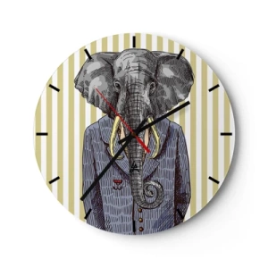 Väggklocka - Klocka på glas - En elegant teckning av en elefant i kostym mot en bakgrund av vertikala ränder. - 30x30cm - Elegant ur naturen - Modern väggdekoration för vardagsrum, kök och sovrum ARTTOR
