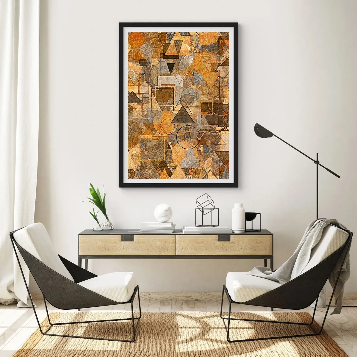 Affisch i svart ram - Gyllene abstrakt geometrisk komposition - 50x70cm - Värld infattad i form - Modern väggdekoration för vardagsrum och sovrum ARTTOR