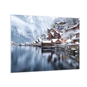 Glastavla - Bild på glas - En bergsby vid en sjö, täckt av snö i ett vinterlandskap - 70x50cm - I vinterns dräkt - Modern väggdekoration för vardagsrum och sovrum ARTTOR