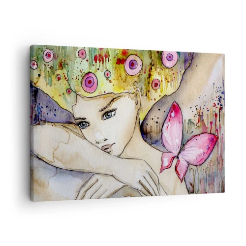 Canvastavla - Bild på duk - En kvinna med en abstrakt frisyr och en rosa fjäril - 70x50cm - fjärilprincessa - Modern väggdekoration för vardagsrum och sovrum ARTTOR