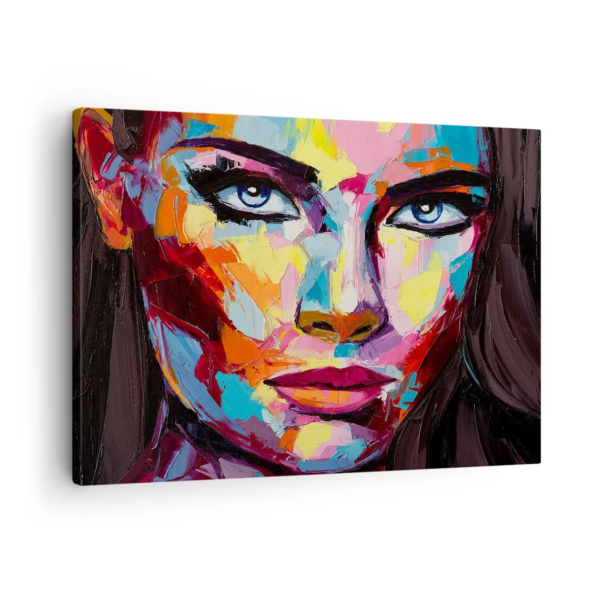 Canvastavla - Bild på duk - Ett färgstarkt abstrakt porträtt av en kvinna i intensiva färger. - 70x50cm - Själen är också färgglad - Modern väggdekoration för vardagsrum och sovrum ARTTOR