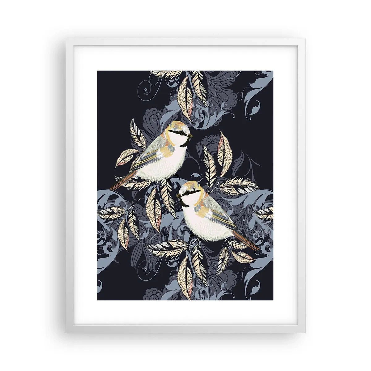 Affisch i vit ram - Gul-grå fågelsång - 40x50 cm