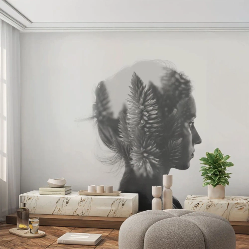 Fototapet Standard Eco - Dubbelexponering av en kvinna och växter i svartvitt - 100x70cm - Furuskogens härskarinna - Modern väggdekoration för vardagsrum och sovrum ARTTOR