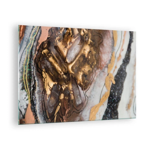 Glastavla - Bild på glas - En abstrakt målning i nyanser av guld, brunt och vitt med en mineralliknande textur. - 70x50cm - Jordens element - Modern väggdekoration för vardagsrum och sovrum ARTTOR