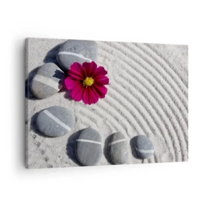 Canvastavla - Bild på duk - Stenar och en rosa blomma på sanden i zenstil - 70x50cm - Den magiska naturkretsens energi och lugn - Modern väggdekoration för vardagsrum och sovrum ARTTOR