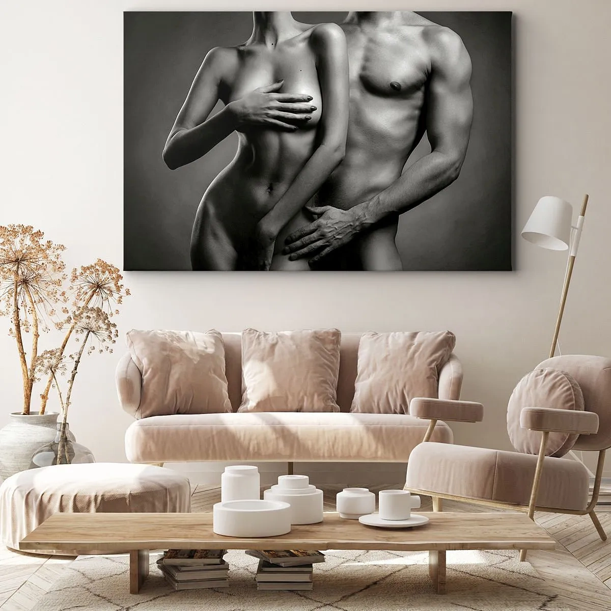 Canvastavla - Bild på duk - Svartvit representation av kvinnliga och manliga kroppar i en konstnärlig pose - 70x50cm - Adam och Eva - Modern väggdekoration för vardagsrum och sovrum ARTTOR