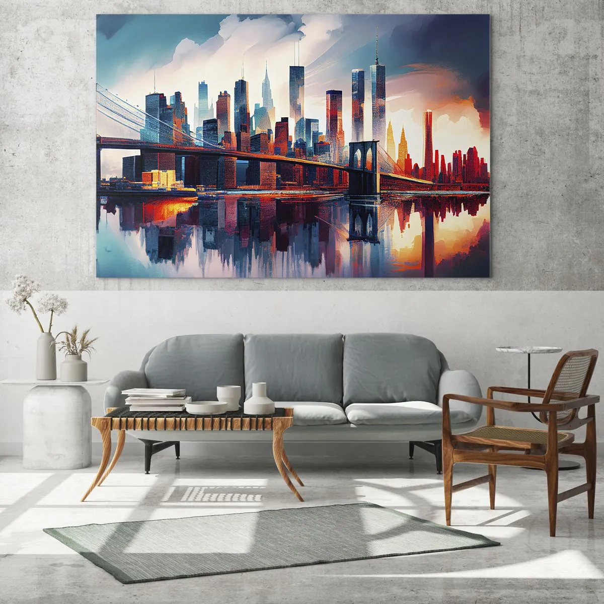 Glastavla - Bild på glas - Panorama över staden med en bro mot den färgglada himlen och reflektionen i vattnet - 70x50cm - Fenomenala New York - Modern väggdekoration för vardagsrum och sovrum ARTTOR