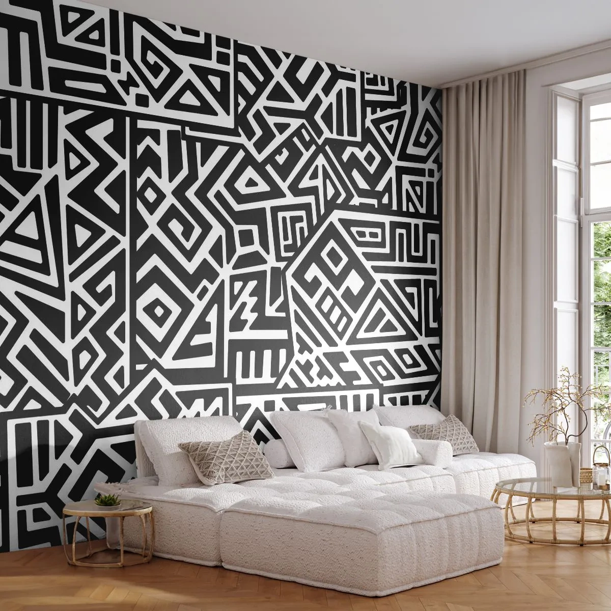 Fototapet Premium Sand - Prekolumbisk komposition - Abstraktion, Bit, Svartvitt - 350x256 cm