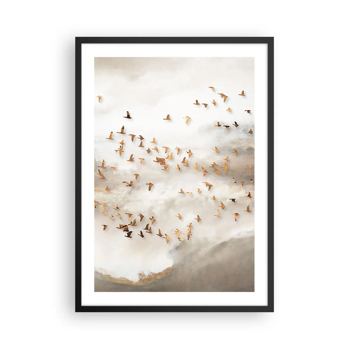 Affisch i svart ram - En flock fåglar som svävar bland de dimmiga molnen - 50x70cm - Det är dags... - Modern väggdekoration för vardagsrum och sovrum ARTTOR