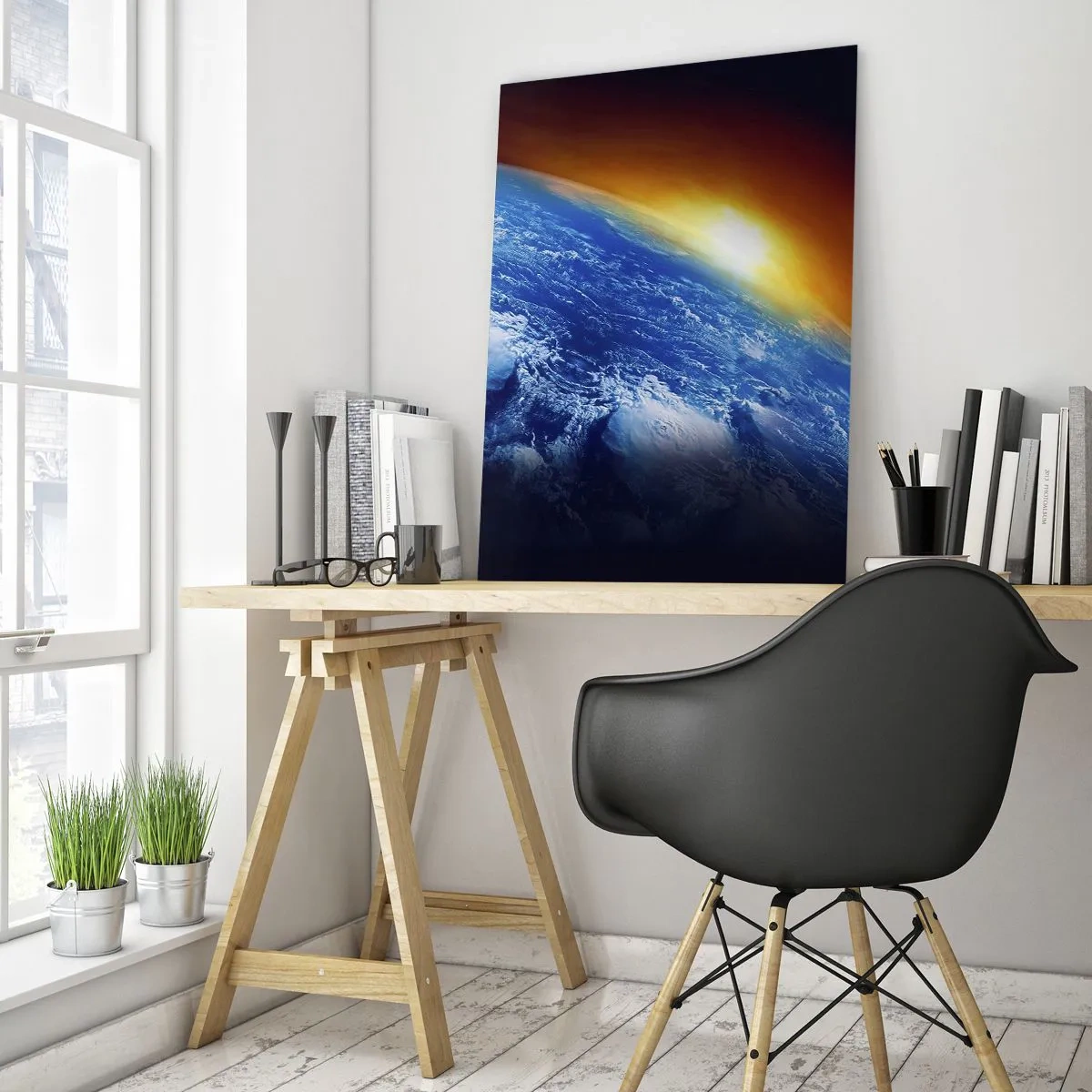 Glastavla - Bild på glas - Soluppgång över den blåa planeten - 80x120 cm