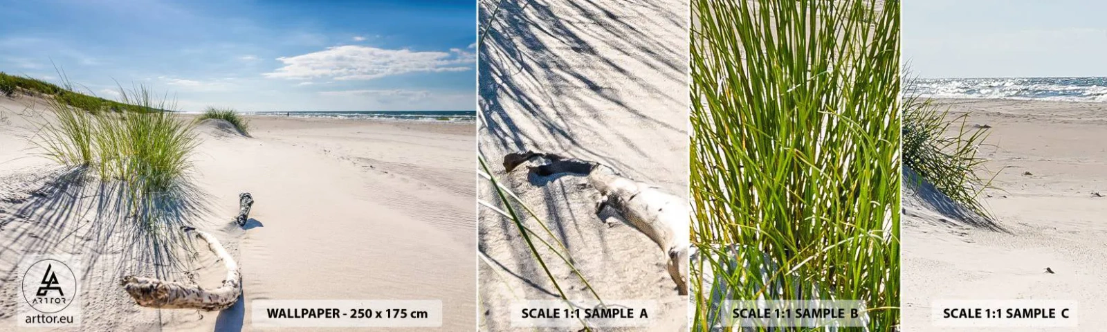 Provbit av självhäftande fototapet Deluxe Sticker - Vackrast? Östersjöstrand - Hav, Strand, Dyn - 100x30 cm