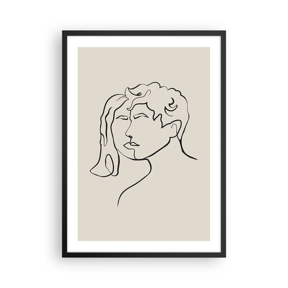 Affisch i svart ram - En minimalistisk skiss av ett pars ansikten mot en beige bakgrund. - 50x70cm - Och enighet har blivit - Modern väggdekoration för vardagsrum och sovrum ARTTOR