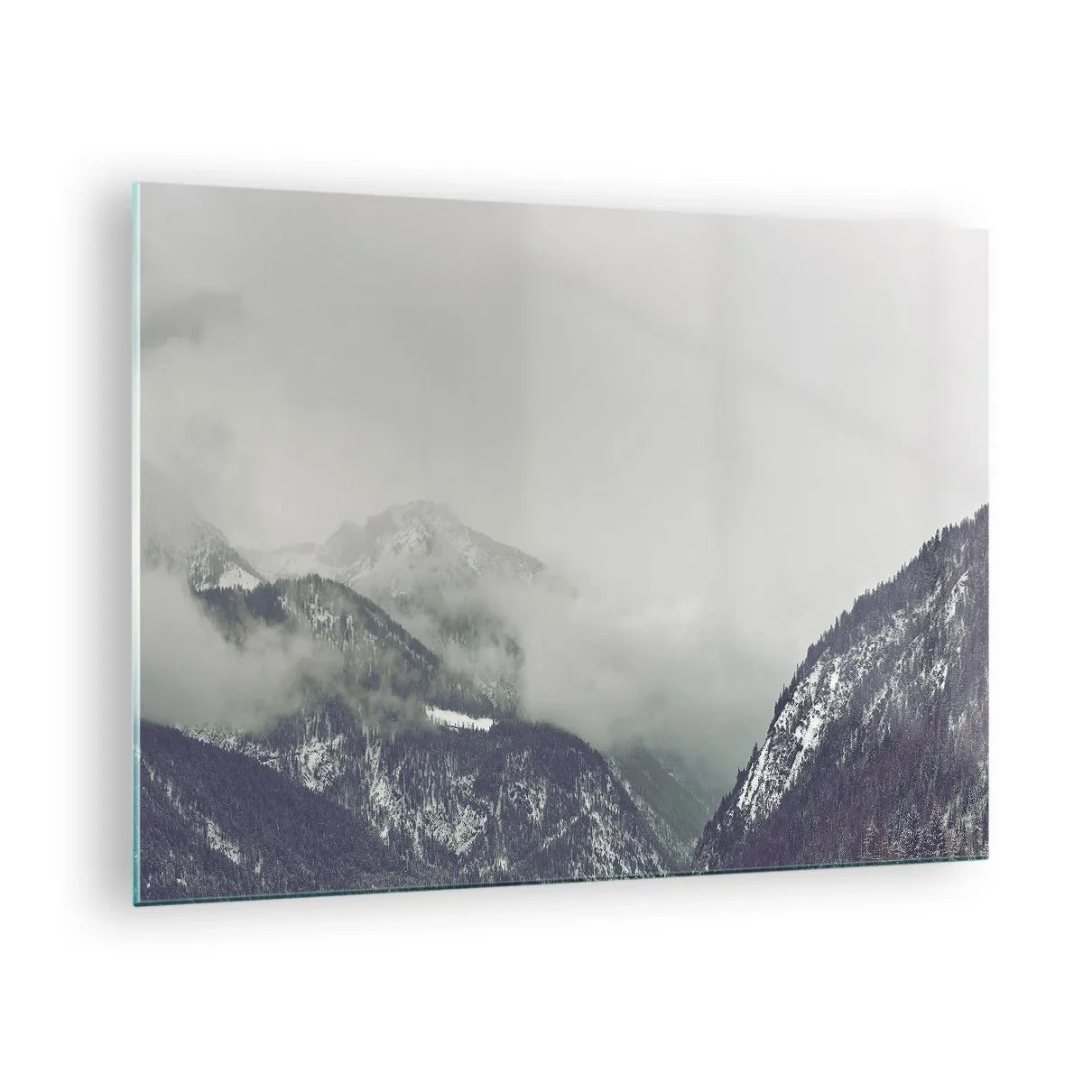 Glastavla - Bild på glas - En bergsdal i dimman i grå nyanser - 70x50cm - Dimmig dal - Modern väggdekoration för vardagsrum och sovrum ARTTOR