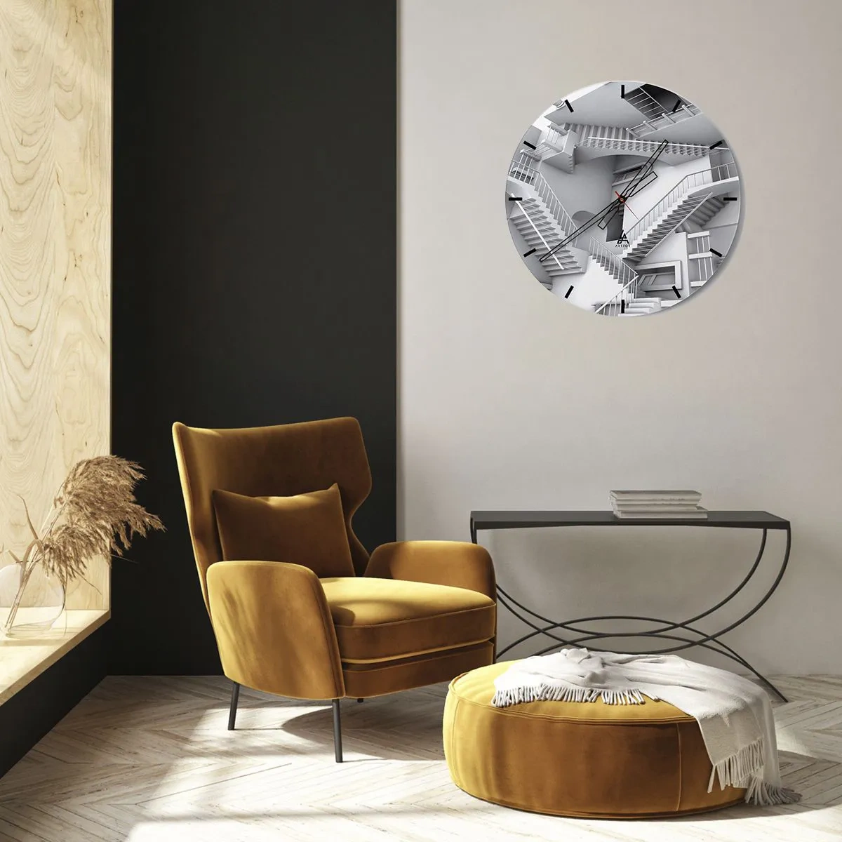 Väggklocka - Klocka på glas - Abstrakt labyrint av trappor i monokromatiska nyanser - 30x30cm - Rummets paradoxer - Modern väggdekoration för vardagsrum, kök och sovrum ARTTOR
