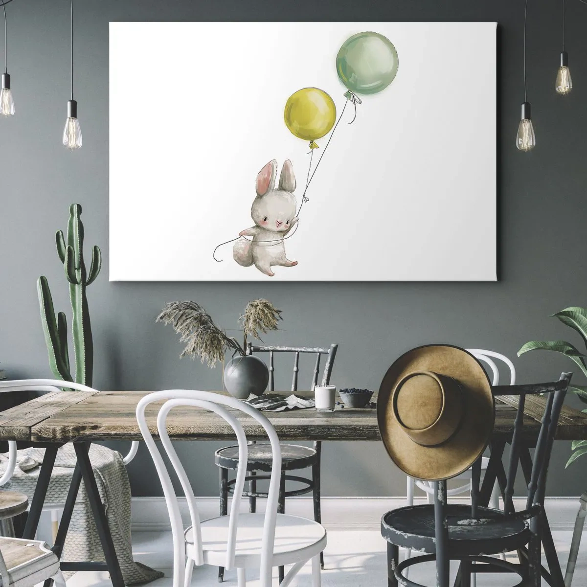 Canvastavla - Bild på duk - En kanin som håller pastellfärgade ballonger - 70x50cm - Jag flyger med! - Modern väggdekoration för vardagsrum och sovrum ARTTOR
