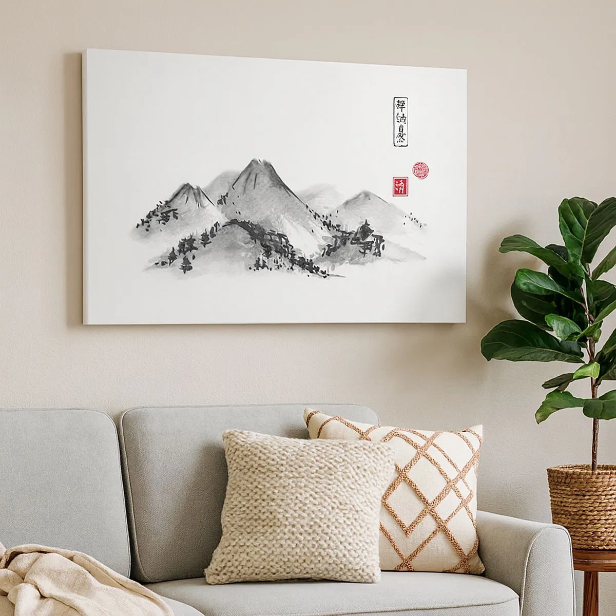 Canvastavla - Bild på duk - Traditionellt bergslandskap i stil med japansk bläckmålning - 70x50cm - Bortom fjällen - Modern väggdekoration för vardagsrum och sovrum ARTTOR