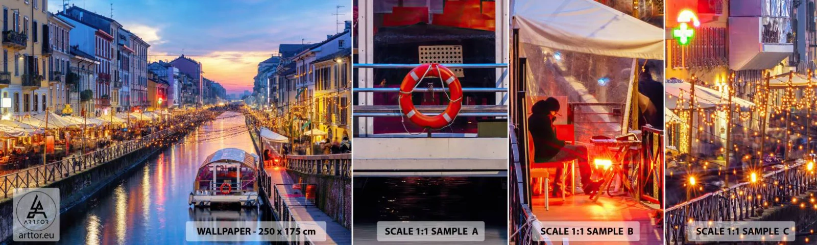Provbit av självhäftande fototapet Deluxe Sticker - Ljusets och nöjets kväll - Stad, Milano, Italien - 100x30 cm