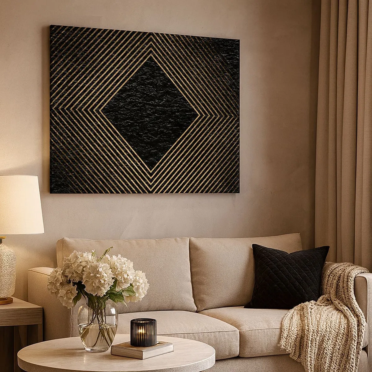 Canvastavla - Bild på duk - Svart bakgrund med ett geometriskt mönster av gyllene linjer - 70x50cm - Geometri i glamourstil - Modern väggdekoration för vardagsrum och sovrum ARTTOR