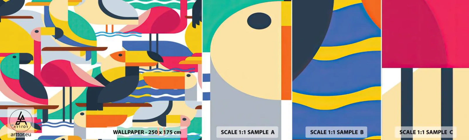 Provbit av självhäftande fototapet Deluxe Sticker - Fågelparty - Abstraktion, Pelikan, Bit - 100x30 cm