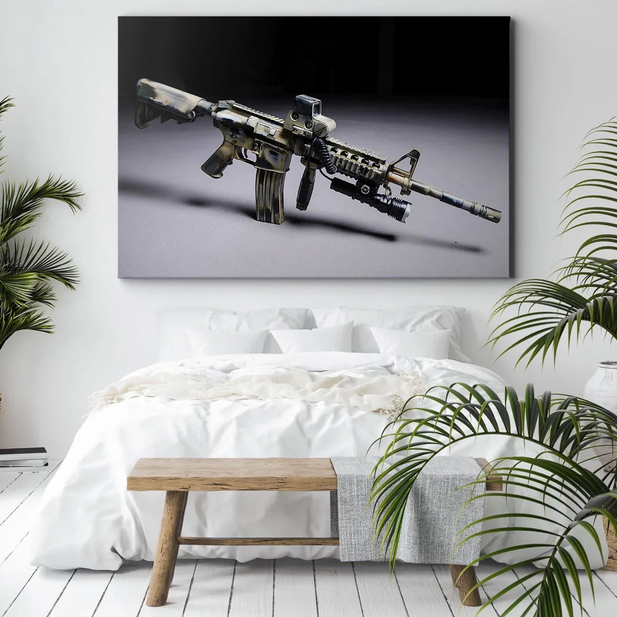 Canvastavla - Bild på duk - Modernt vapen i kamouflagefärg på en mörk bakgrund - 70x50cm - Alltid farlig - Modern väggdekoration för vardagsrum och sovrum ARTTOR