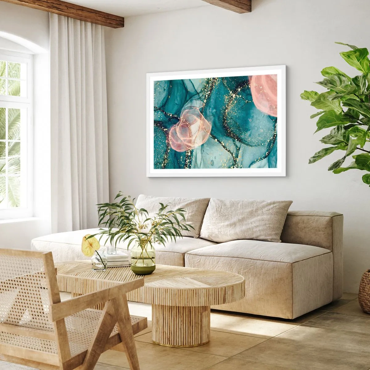 Affisch i vit ram - Sidenblå, tyllrosa - 100x70 cm