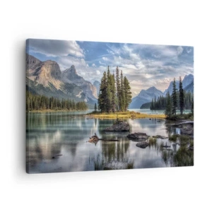 Canvastavla - Bild på duk - Ett bergslandskap med en ö omgiven av en lugn sjö - 70x50cm - Vid stort och rent vatten - Modern väggdekoration för vardagsrum och sovrum ARTTOR
