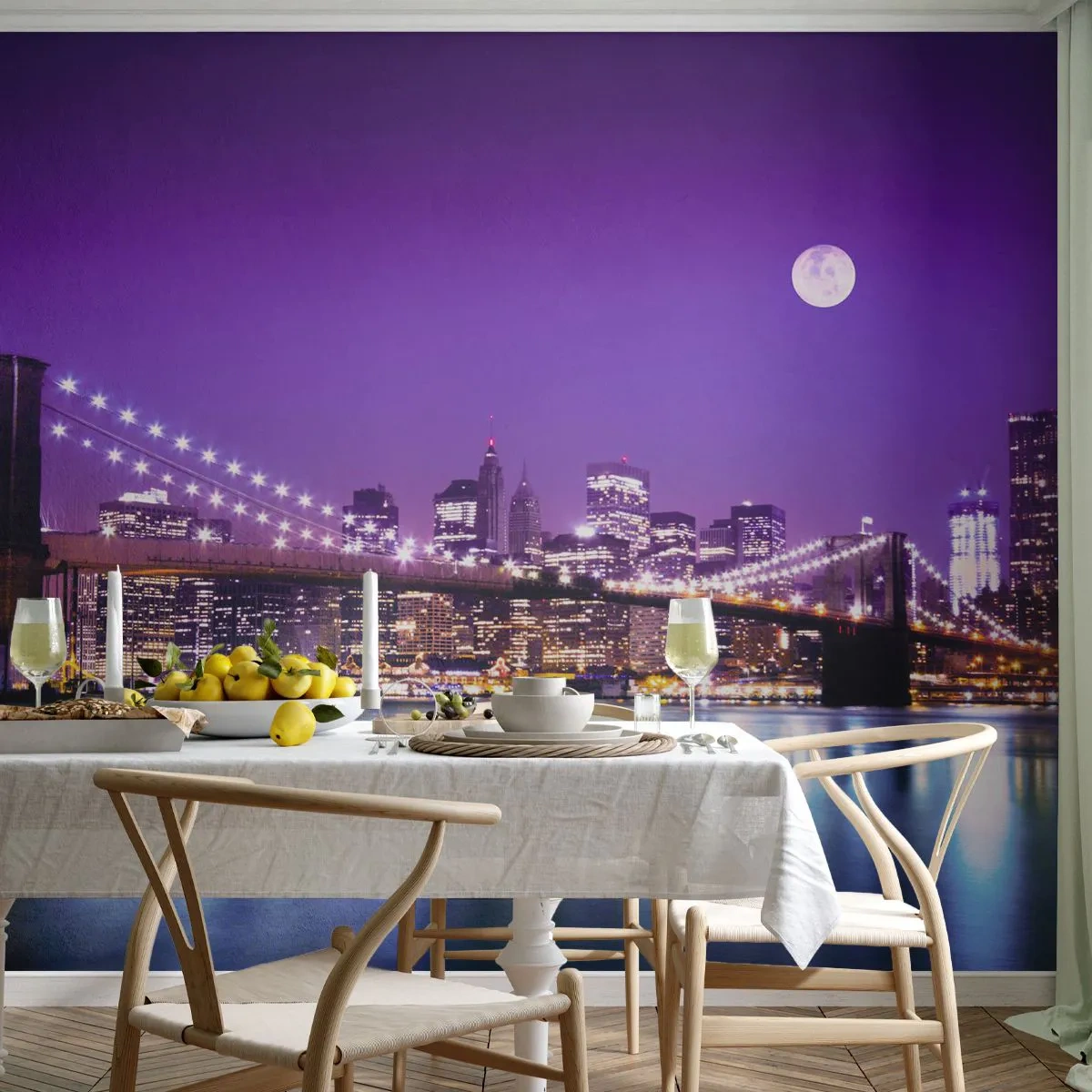 Fototapet Premium Canvas - Storstadens ljus i violett - Stad, New York, Brooklyn Bridge - 300x210 cm