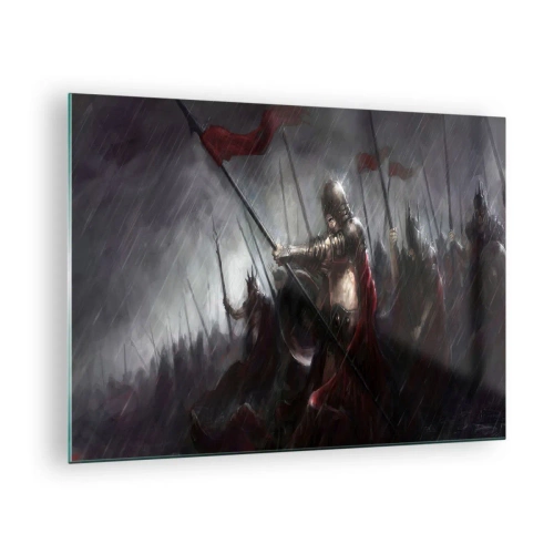 Glastavla - Bild på glas - Riddare i regnet på slagfältet i full utrustning - 70x50cm - Förbipasseraren, hälsa Sparta... - Modern väggdekoration för vardagsrum och sovrum ARTTOR