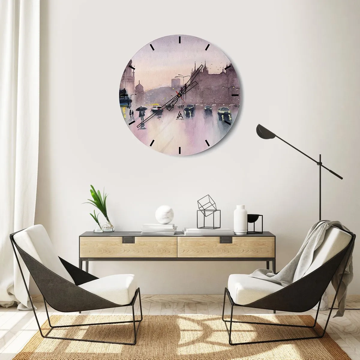 Väggklocka - Klocka på glas - I regnig dimma - 40x40 cm