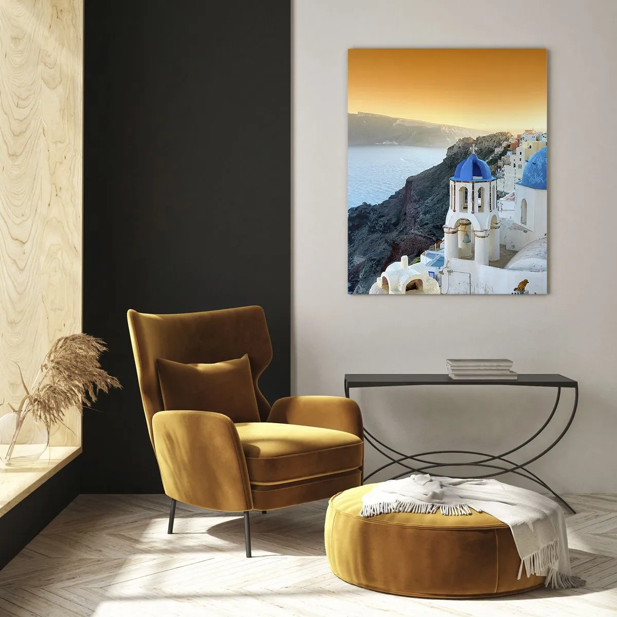 Glastavla - Bild på glas - Santorini - inbäddat i berg - 50x70 cm