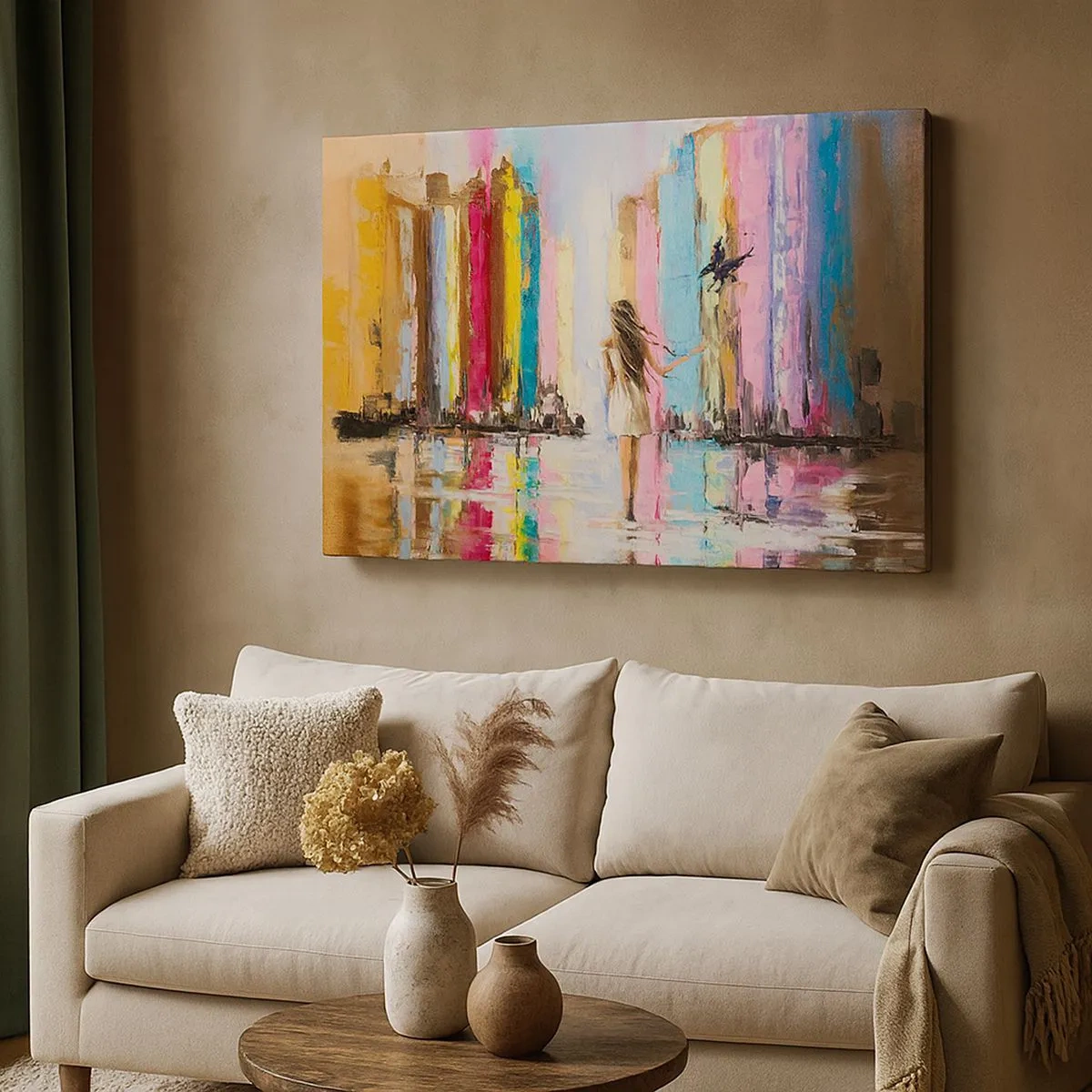 Canvastavla - Bild på duk - En färgglad stad och en kvinna i en vit klänning med en fågel - 70x50cm - Kom med mig - Modern väggdekoration för vardagsrum och sovrum ARTTOR