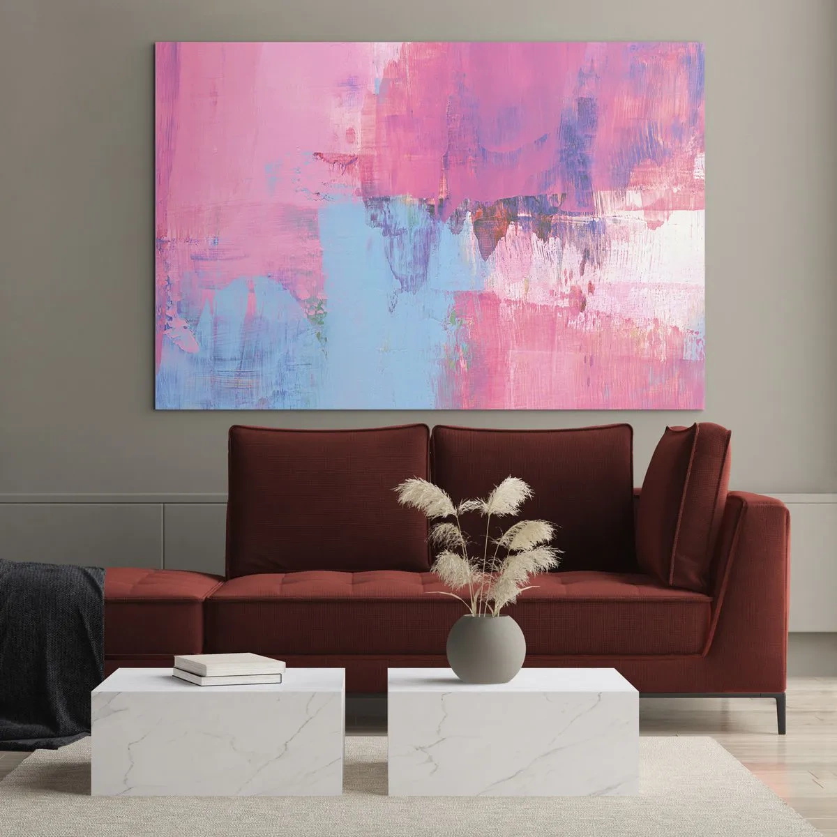 Glastavla - Bild på glas - Energisk abstraktion i nyanser av rosa och blått - 70x50cm - Rosa, blått och en gnutta ljus - Modern väggdekoration för vardagsrum och sovrum ARTTOR