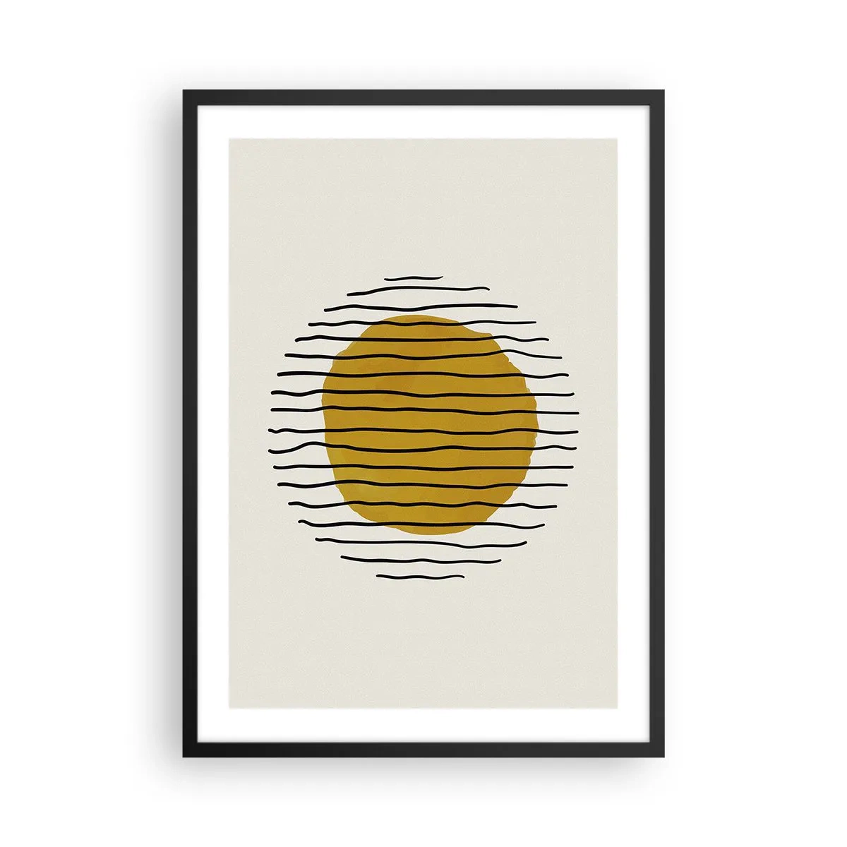Affisch i svart ram - Minimalistisk grafik med en gul cirkel och svarta linjer - 50x70cm - Abstraktion som darrar av glöd - Modern väggdekoration för vardagsrum och sovrum ARTTOR