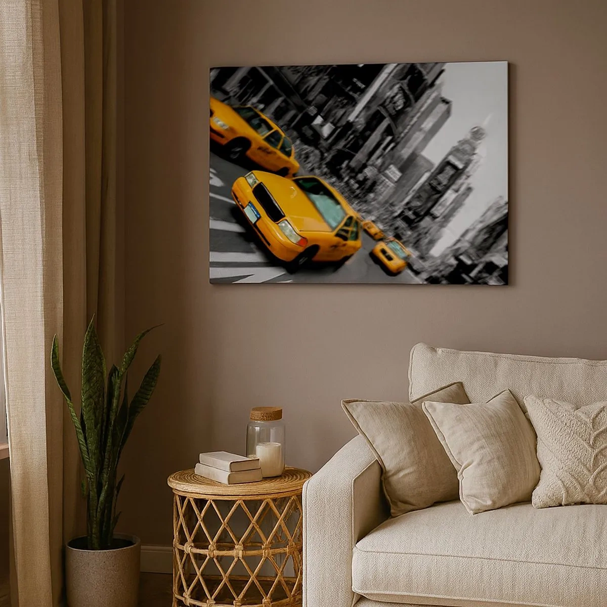 Canvastavla - Bild på duk - Gula taxibilar vid en livlig stadskorsning - 70x50cm - New Yorks soldroppar - Modern väggdekoration för vardagsrum och sovrum ARTTOR