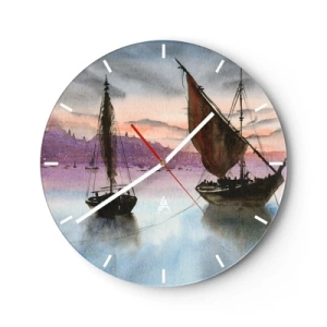 Väggklocka - Klocka på glas - Segelfartyg på vattnet vid solnedgången - 30x30cm - Kväll i hamnen - Modern väggdekoration för vardagsrum, kök och sovrum ARTTOR